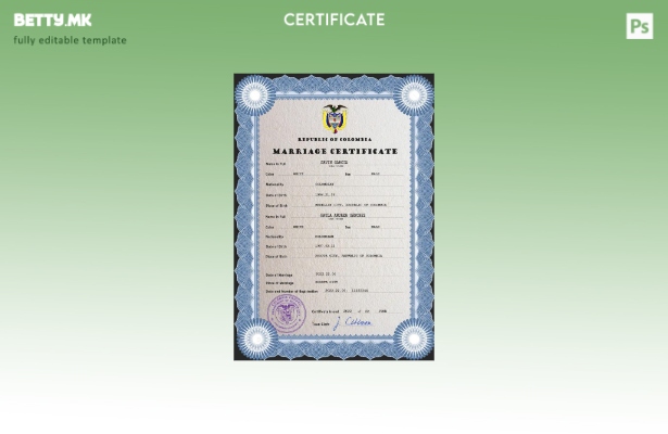 Модерен стил колумбиски сертификат за брак psd шаблон